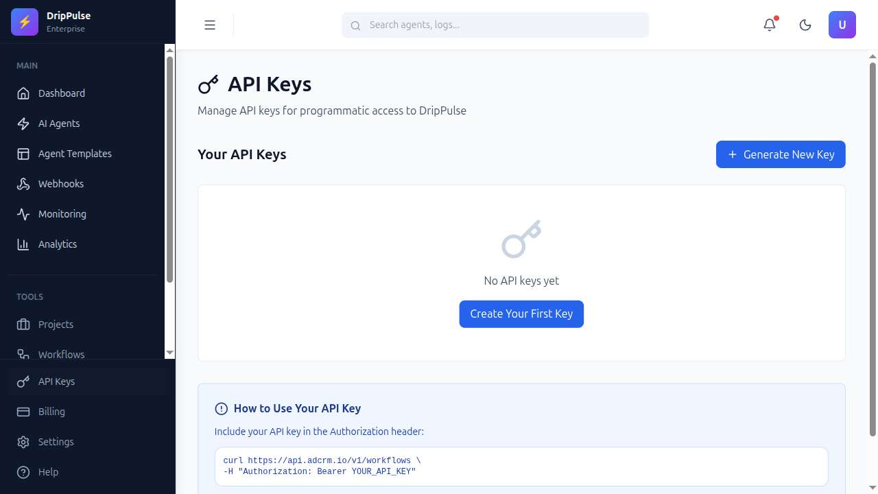 API Keys page in DripPulse dashboard
