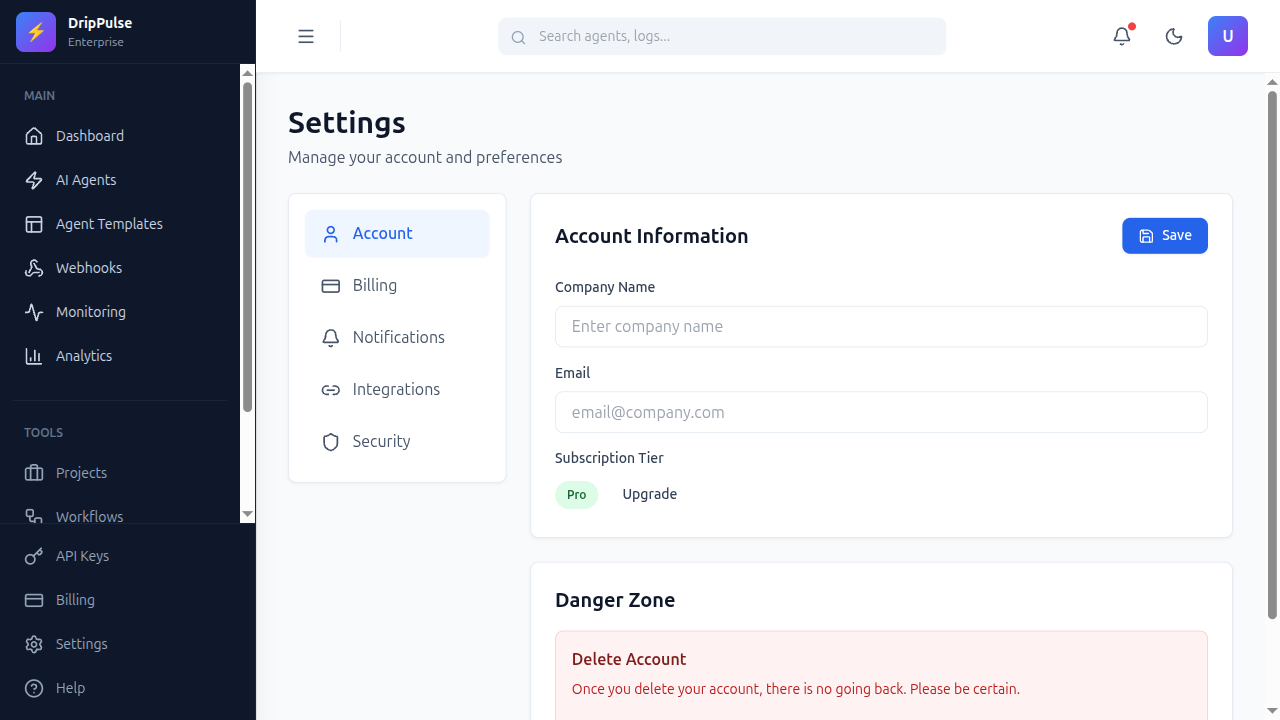 Settings page in DripPulse with Integrations tab in the settings card