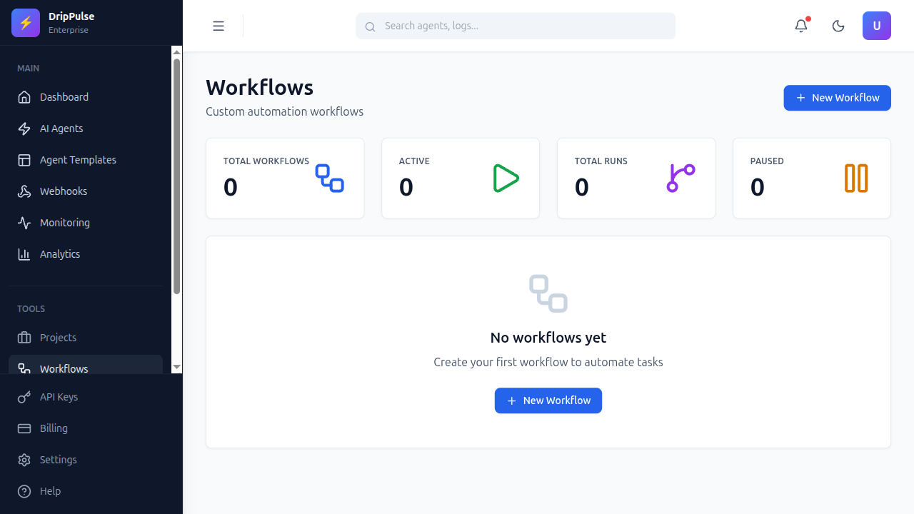Workflows page in DripPulse with New Workflow button